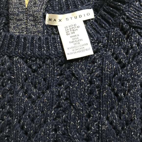 Max Studio Cable Knit Sweater Hi-Low Crew Neck Long Sleeve Navy Girls Size S 7-8 - Picture 4 of 7